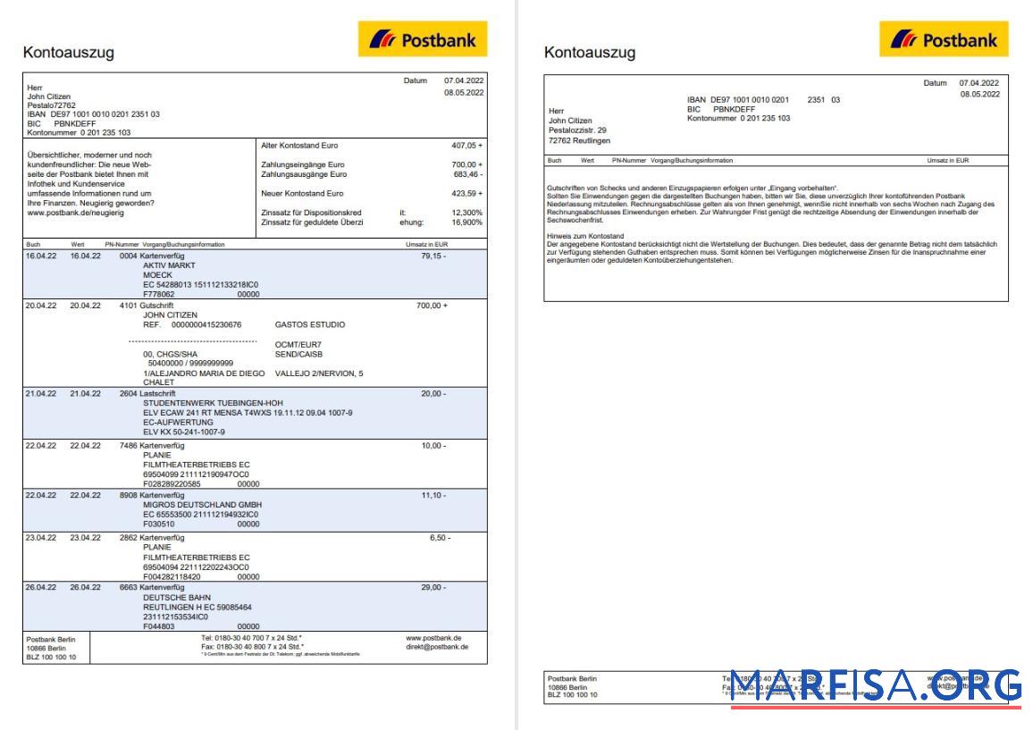 Realistic Germany Postbank statement 2 pages example